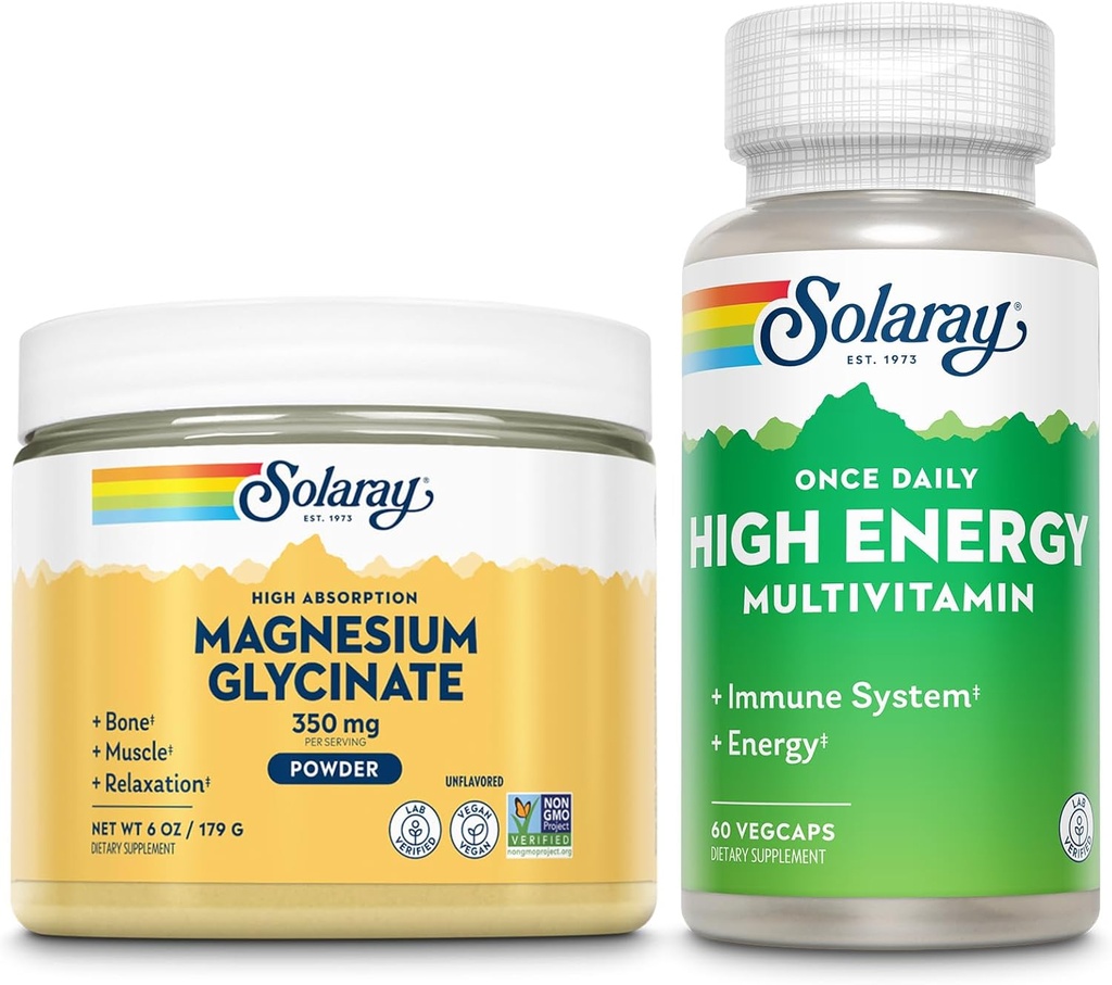 SOLARAY Magnesium Glycinate Powder 350mg and High Energy Multivitamin Bundle - Chelated Magnesium and Once Daily Multi - Bone Health, Muscle, Heart and Immune Support, 60-Day Guarantee, 6oz/60ct