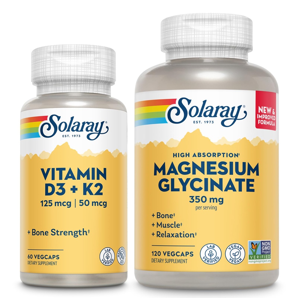 SOLARAY Vitamin D3 K2 ve Glycinate - Bone Health Sche - Kalsiyum Aborps, Nerve, Heart ve Immune Support w / 5000 IU Vitamin D, 350 mg Chelated Magnezyum, 60-Day Garanti, 60.
