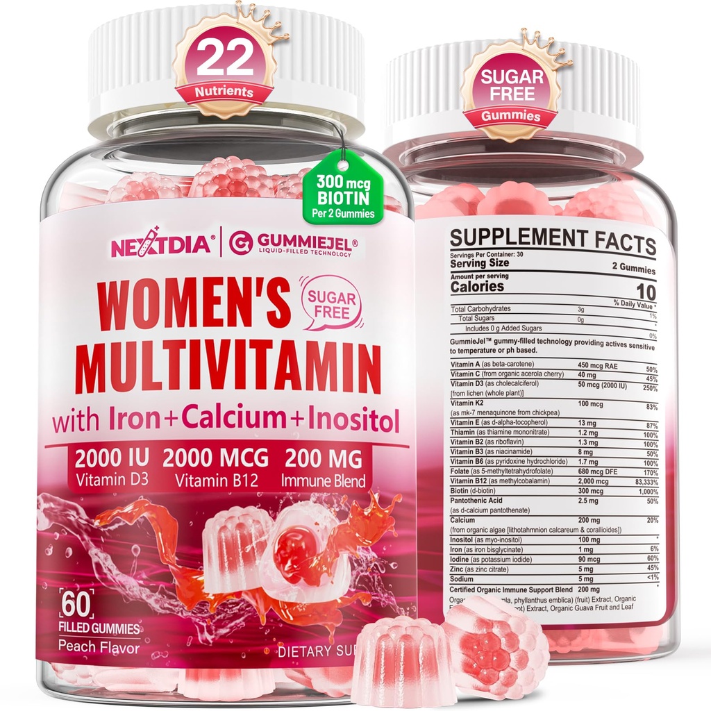 Kadın Gummies, Kalsiyum, D3 K2, Torchfolate & B12, Inositol, Daily Vitamin A, C, E, B Complex, Biotin, Iron - Energy, Immune, Bone, Skin, Hair - Vegan, Sugar Free, 60