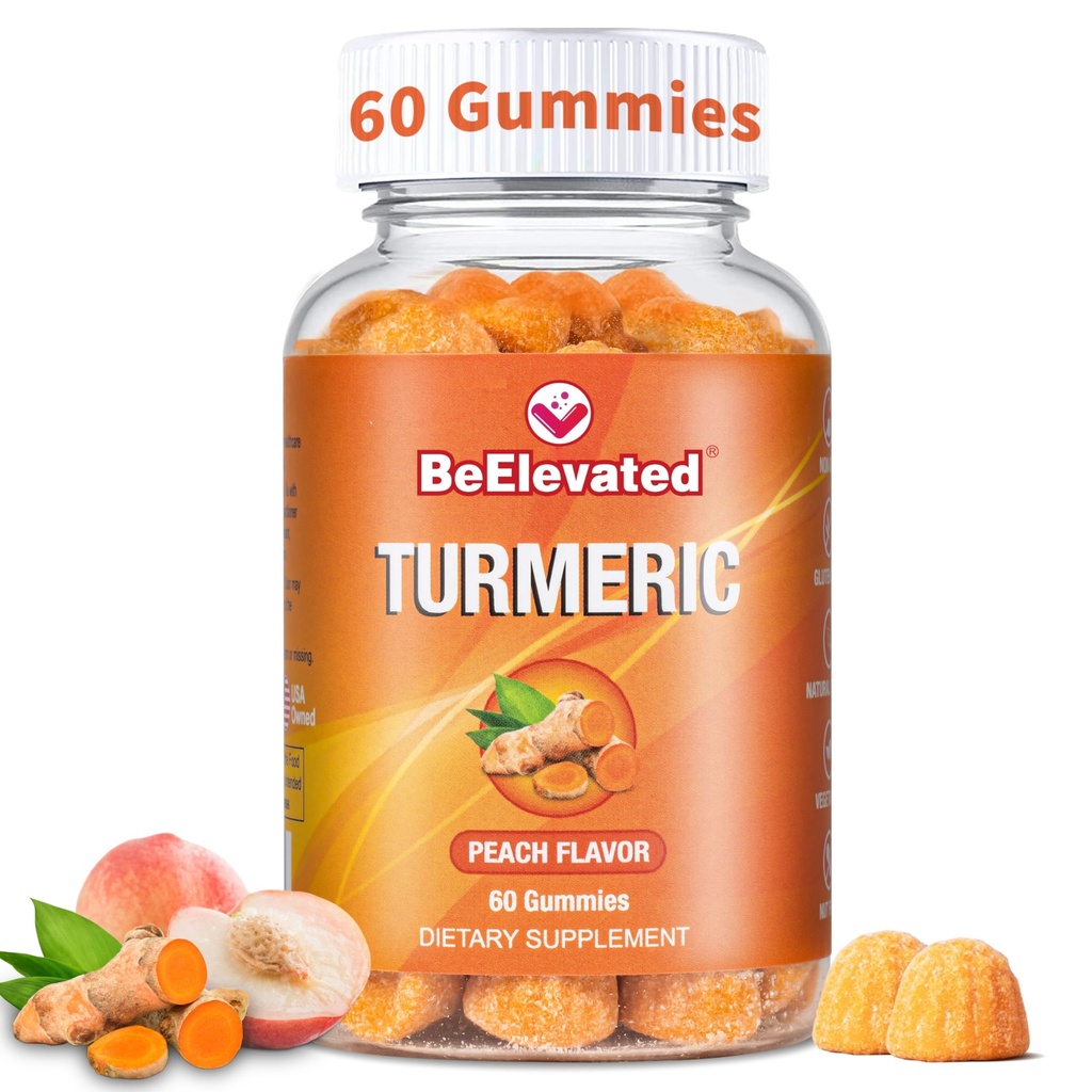 Curcumin Turmeric Gummies – Ekstra Güçlü 2000 mg 8:1 Türmeric Supplement Gummies with Black Pepper & Ginger – Vegan Non-GMO Ortak Destek Chewables – Peach Flavor, 60 Kont