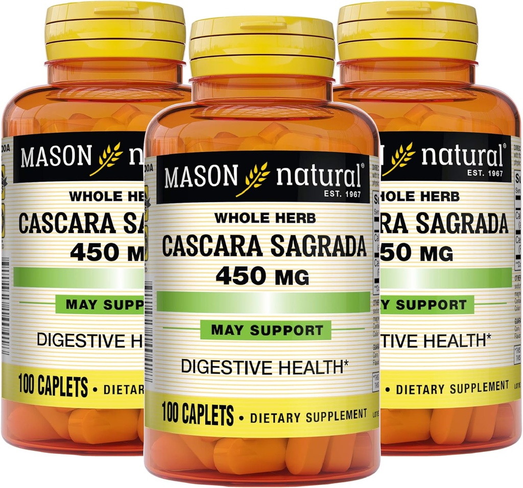 Mason Natural Cascara Sagrada 450 mg, Normal Digestive Function Desteği için herbal Supplement, 100 Caplets (Pack of 3)