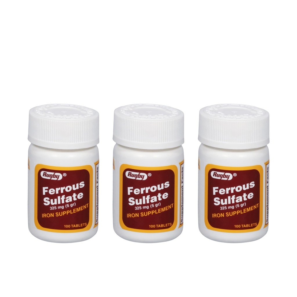 Rugby Ferrous Sulfate 325 mg Tabletler - Kadınlar ve Erkekler için Demir Supplement - 100 Count (3 Pack)