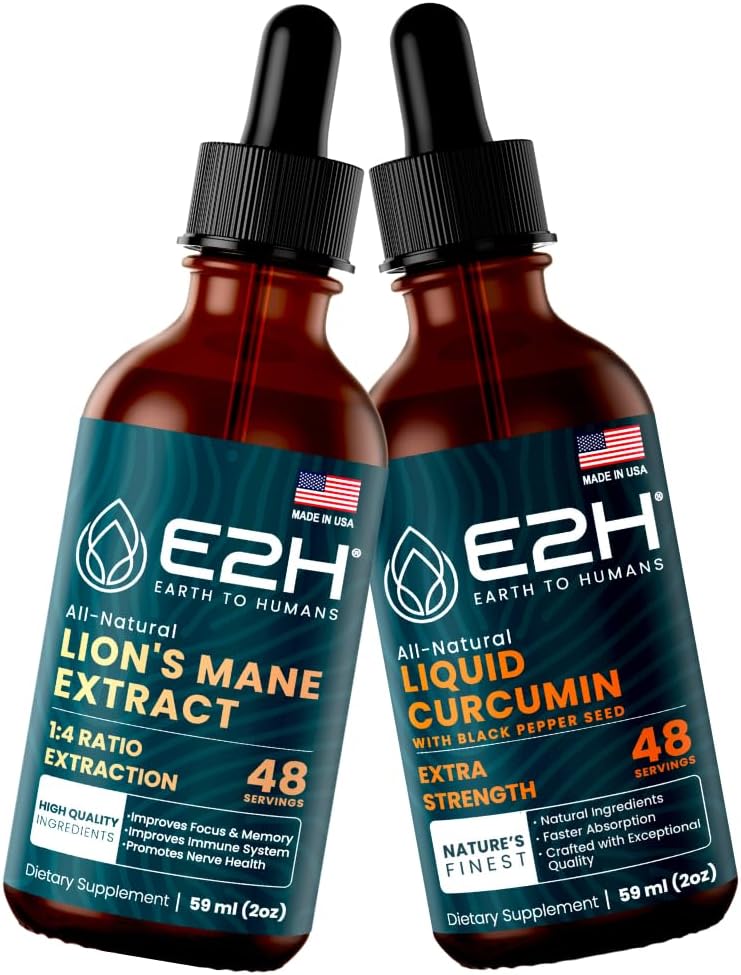E2H: Lion's Mane for mental Clarity & Immunity, Liquid Turmeric for Joint Support | Vegan, Non-GMO - 2 Fl Oz Every (4 Fl Oz Total) - Schety & Immunity, Liquid Turmeric for Common Support | Vegan, Non-GMO - 2 Fl Oz Every (4 Fl Oz Total) - Sche
