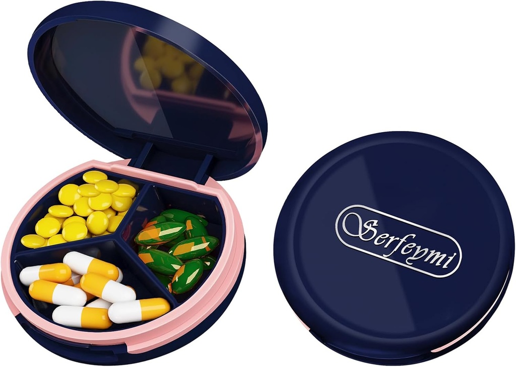 Serfeymi Küçük Pill Box - Purse Pocket için Portreatif Pill Box - Tıp için Uygun, Vitamin, Fish Oil, Supplements - Dark Blue (Logo)