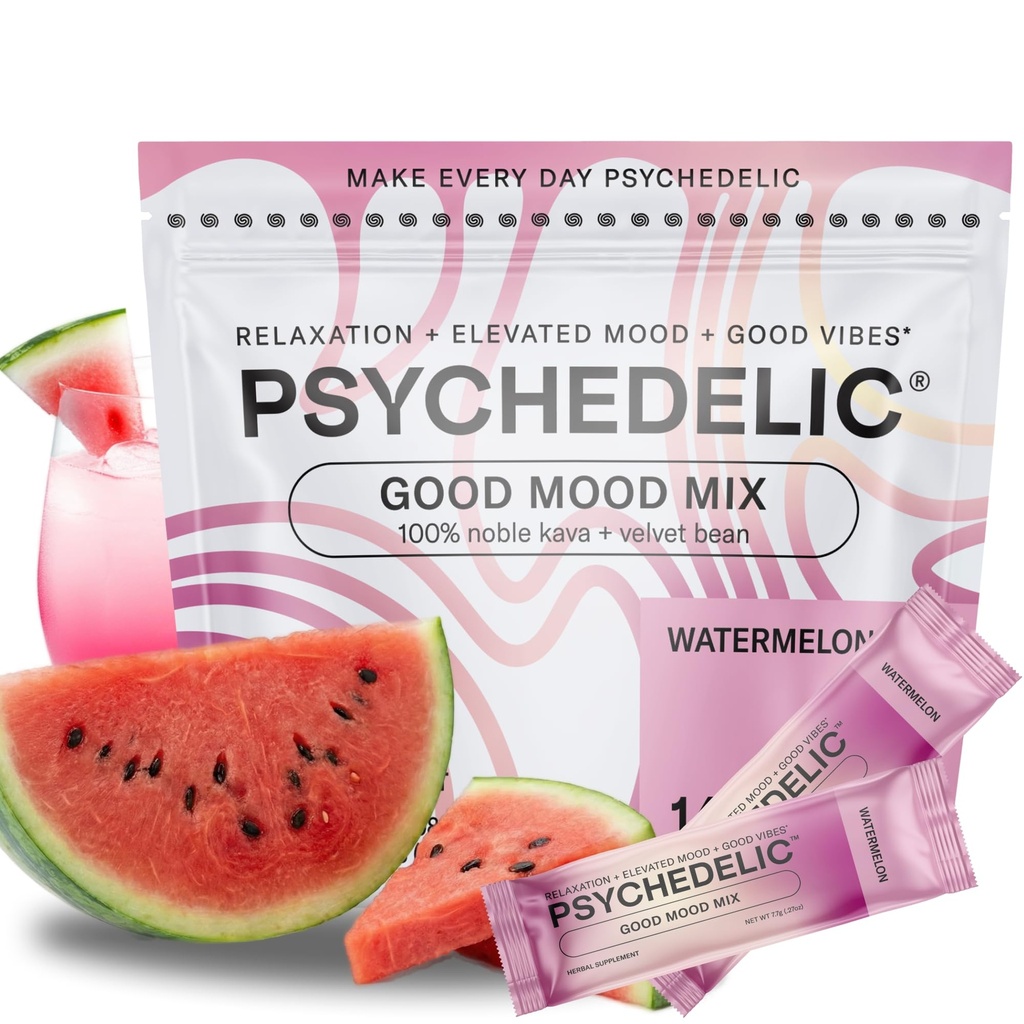 Good Mood Mix - Watermelon - Toz Paketleri - Calming Kava Drink Mix - Easy Open Single-Serving - Flavored Kava Toz - Mucuna Pruriens - Stevia - Sigara içilmez Adaptojen Mocktails - 14 Stick