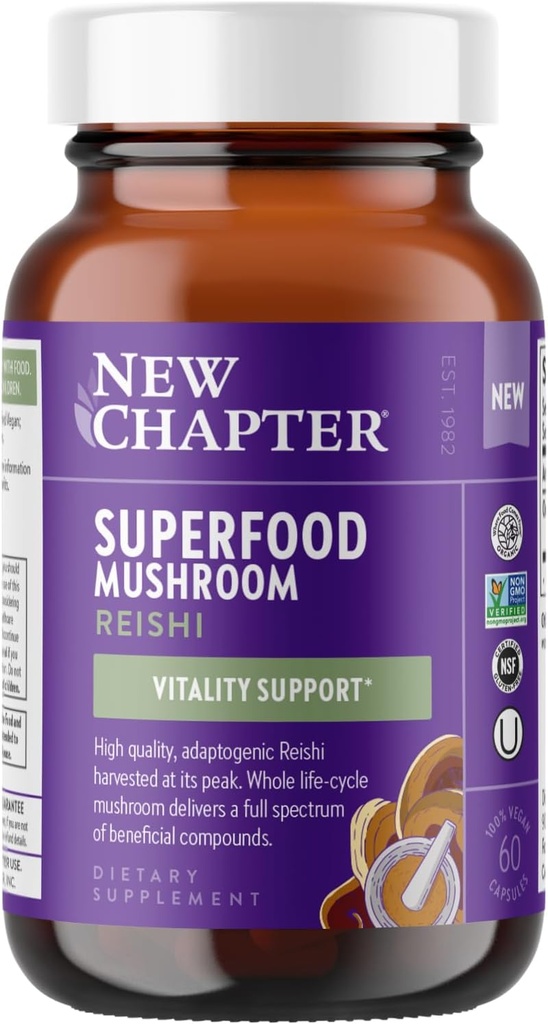 Yeni Bölüm Superfood Reishi Mushroom Capsules – Sertifikalı Organik ABD-Grown 100% Vegan Mushroom Supplement for Vitality Support* Non-GMO, sertifikalı Gluten Free, 60 ct