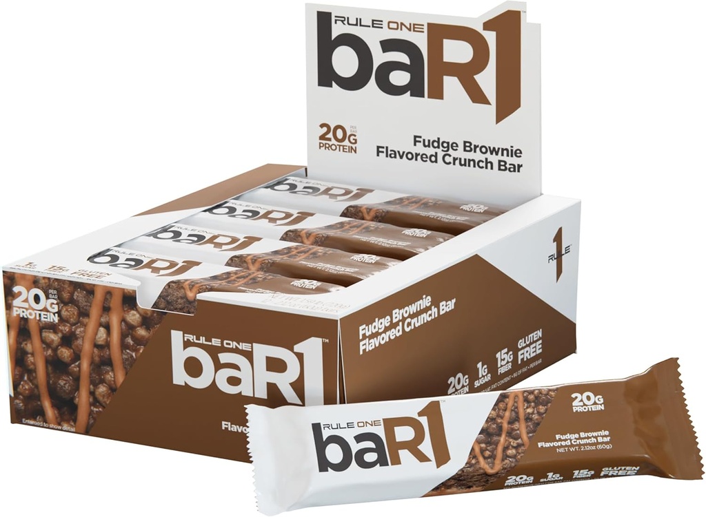 Kural 1 baR1 Crunch Bar - On-Go Benzersiz Protein Snack Bars 20g Premium Protein, Doğal olarak EAAs/BCAAs, Hunger-Filling Fiber (12 Count Box, F Brownudgeie) ile etiketlendi.