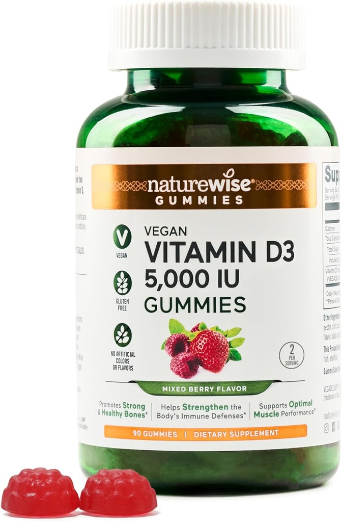 NatureWise Vitamin D3 5000 IU Gummies - Karma Berry Flavor - Lichen'den Vegan D, Pectin bazlı, Immune Support for Yetişkinler, Kas & Bone Strength - Gluten Free, Non-GMO - 90 Count[45-Day Supply]