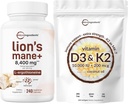 Mikro Malzemeler D3 10.000iu + K2 200 mcg Coconut Oil Softgels & Lions Mane Supplement 240 Veggie Capsules Sche 2 Pack | Essential Sunshine Vitamins | Superfood Mushroom Antioksis with L--