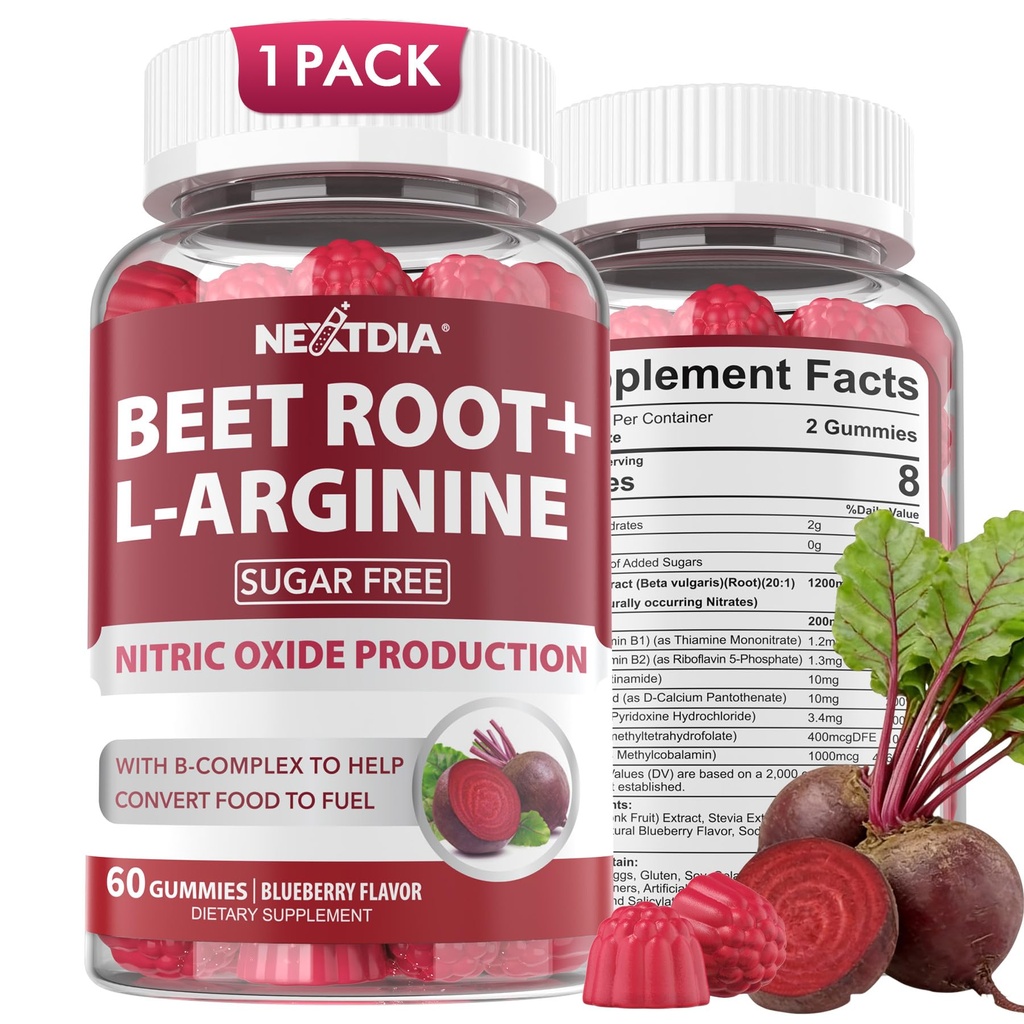 Beet Root Gummies & L-Arginine, Nitrik Oksit Men & Women w/Organic Beets, B1, B2, B3, B5, B6, Folate, B12 for Energy Boost & Circulation Support, Sugar Free, 60 Cts