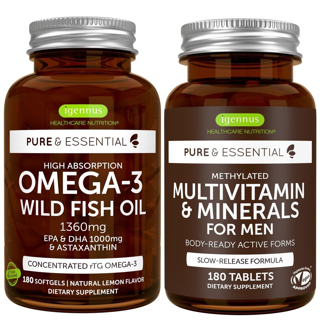 Yüksek Abxia Omega-3 Wild Fish Oil + Metilated Men's Multivitamin Sche, 1000 mg EPA & DHA 180 Softgels + Sustained release Multivitamin 180 Tabletler, Igennus tarafından