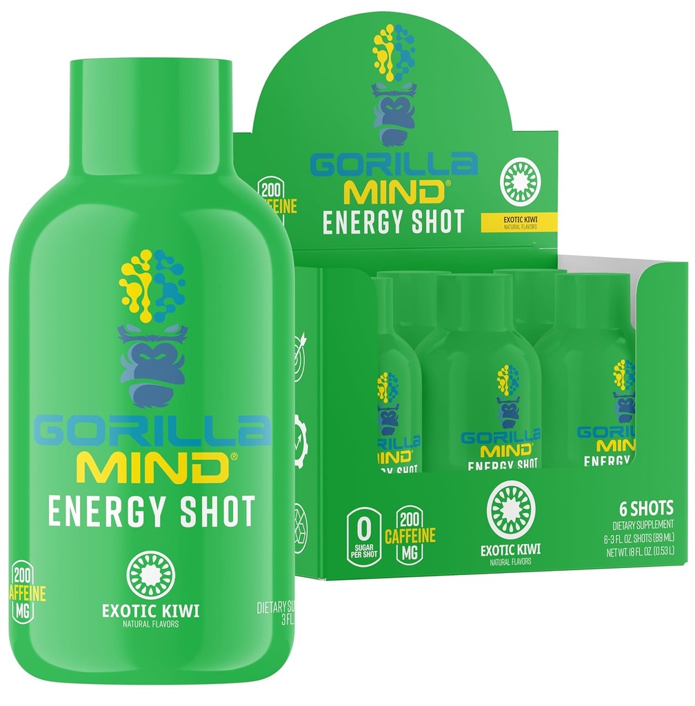 Gorilla Mind Energy Shots ( 6) - Geliştirilmiş Focus & Energy, Sugar-Free, Fast-Acting, Potent Formula in Vitamins & Natural Extracts (Exotic Kiwi)