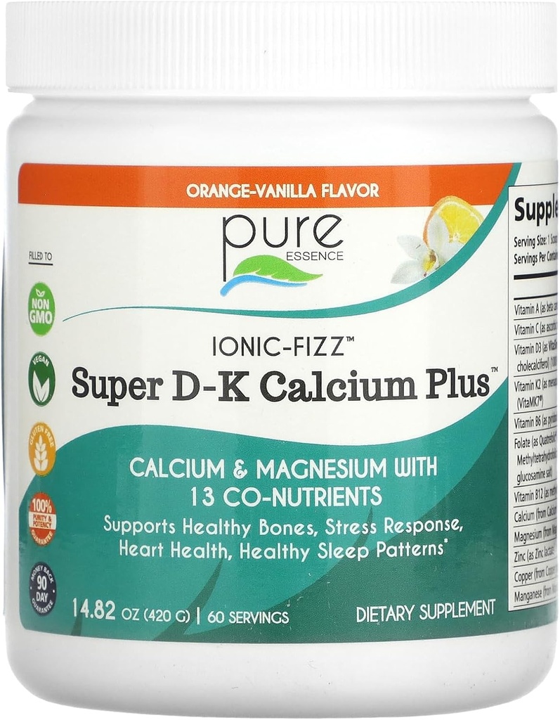Ionic Fizz Super D-Kuba Plus Pure Essence - Ekstra Magnezyum Vitamin D3, Vitamin K2 - Orange Vanilla - 14.82oz