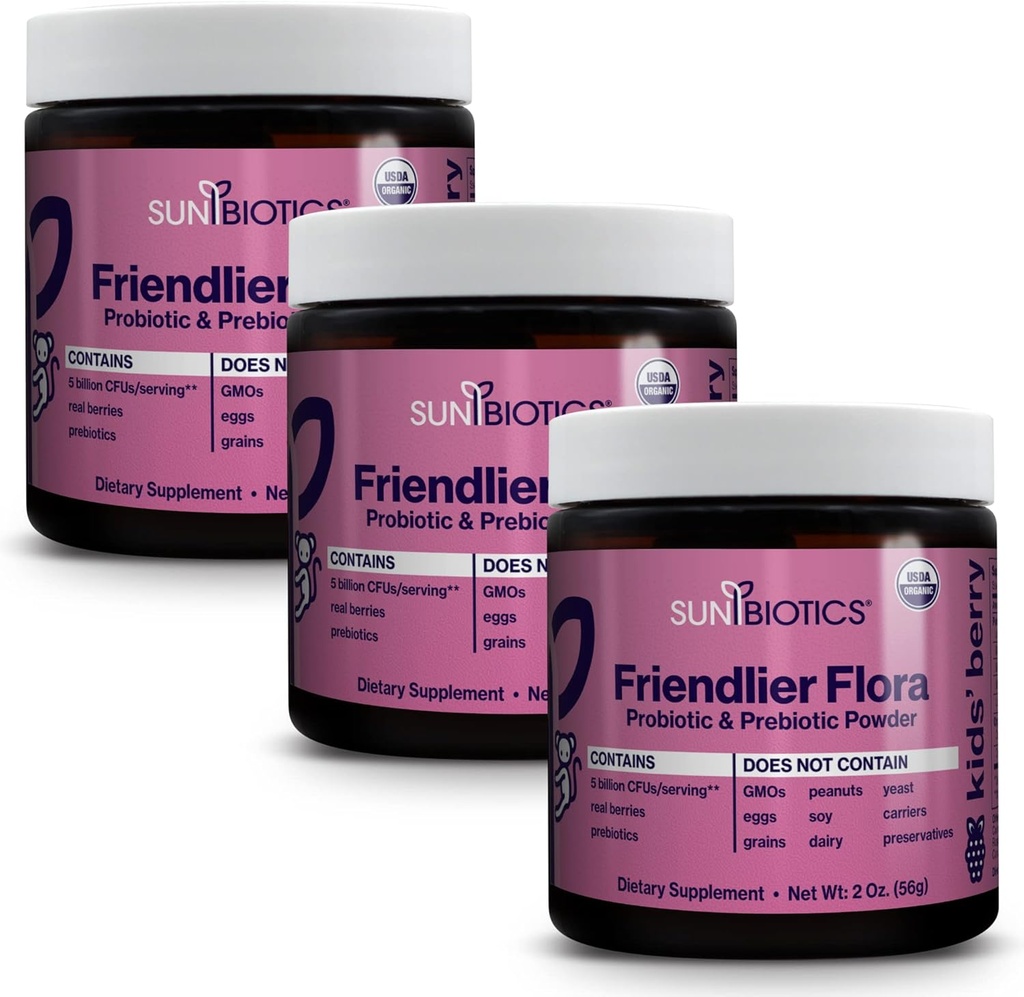SUNBIOTICS Friendlier Flora - Çocuklar Prebiyotik ve Probiyotik Toz Supplement ile 5 Milyar CFUs of 5 Probiyotik Strains for Good Gut Flora, Immune System, & Balanced Microbiome - Berry, (Pazarlama)