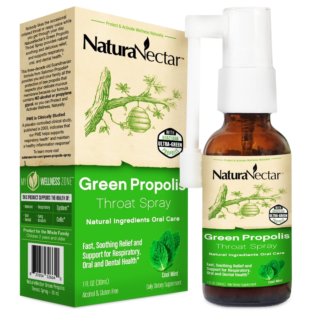 NaturaNectar - Green Propolis Throat Spray - Benzersiz, Soothing Throat Care Relief with Brazil Bee Propolis - Natural and Non-Alcoholic Throat Care Formula from Sustainable Beeguard (1-Pack, 30mL)