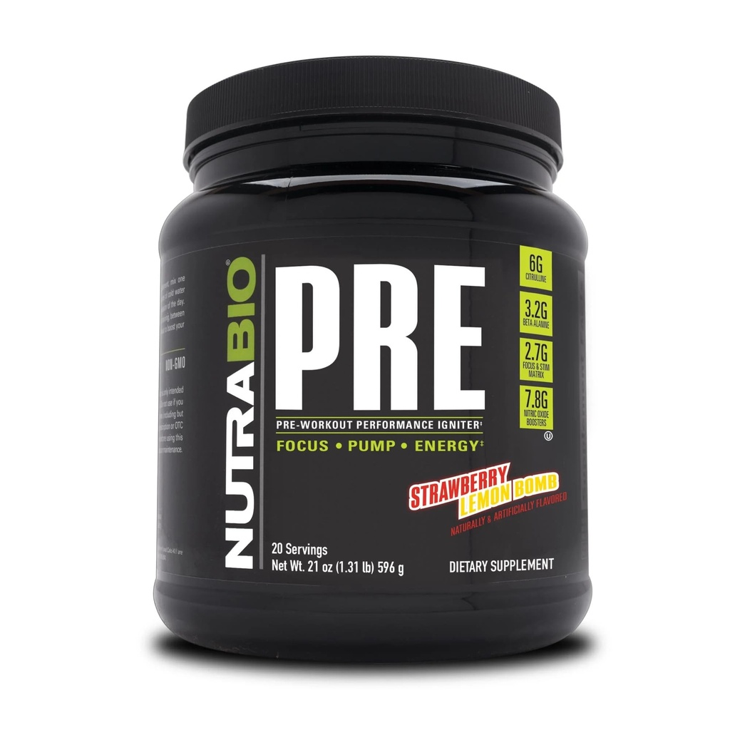 NutraBio PRE Workout Toz - Eski Formula- Sustained Energy, mental Focus, Endurance - Alanine, Kretine, Caffeine, Electrolytes - 20 Hizmet - Strawberry Lemon Bomb