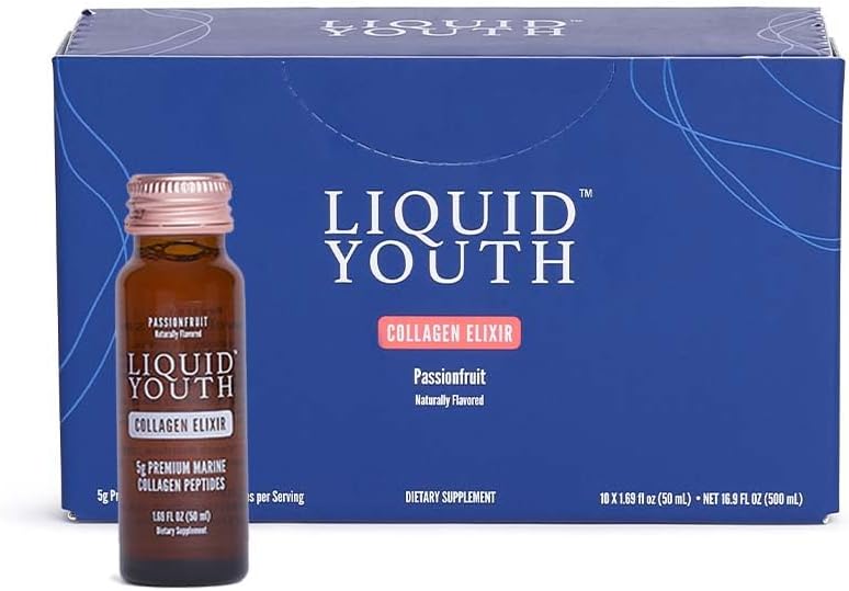 Liquid Collagen Elixir Shot for Women & Men - Premium Liquid Marine Collagen for Hair Growth, Skin, Nail, Bone & Joint Health - Travel-Friendly (Passion Fruit, 10 Servings Per Box)