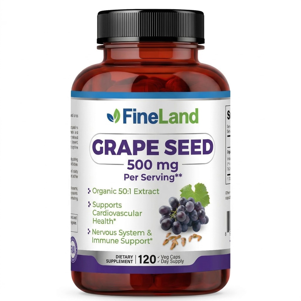 FineLand Grape Tohumu 50:1 – 25 mg Capsule başına Eşdeğer - 120 Vegan Capsules - Antioksitlarda Zengin | Kalp, Immune & Circulation Support – Non-GMO | Made in USA