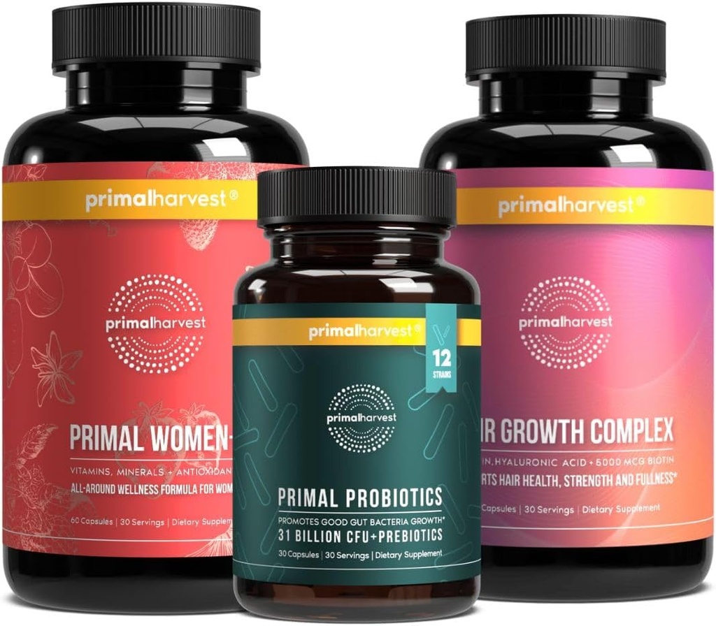 Primal Harvest Women's Sche – 30 Day Supply: Women's+ Multivitamin, Primal Saç Desteği ve Kadın Sağlığı ve Vitality için Primal Probiyotik