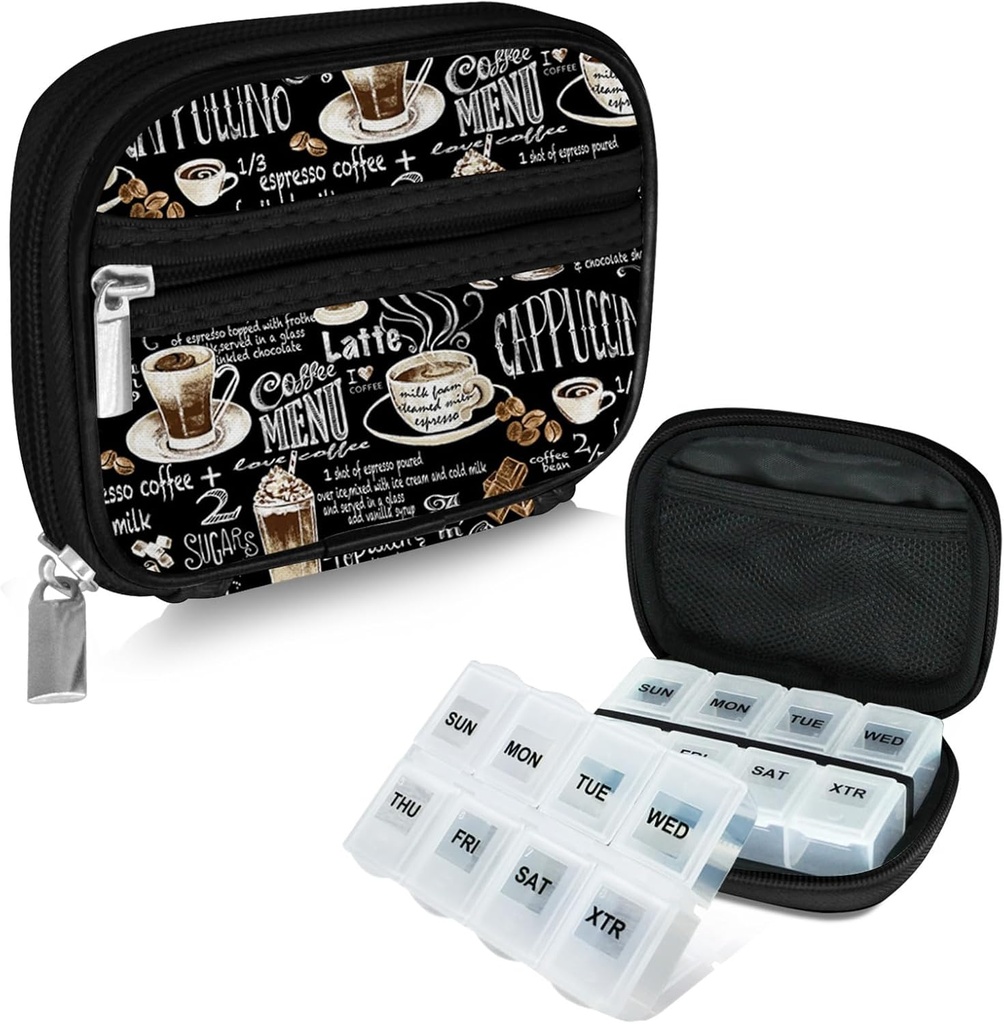Serfeymi Weekly Travel Pill Organizer Pill Case for Purse with Reforce 7 Day Pill Box, Fashionable Travel Medicine Organizer Pill Konteyner for Medicine, Vitamin, Supplement - Black 02 + Pill Box