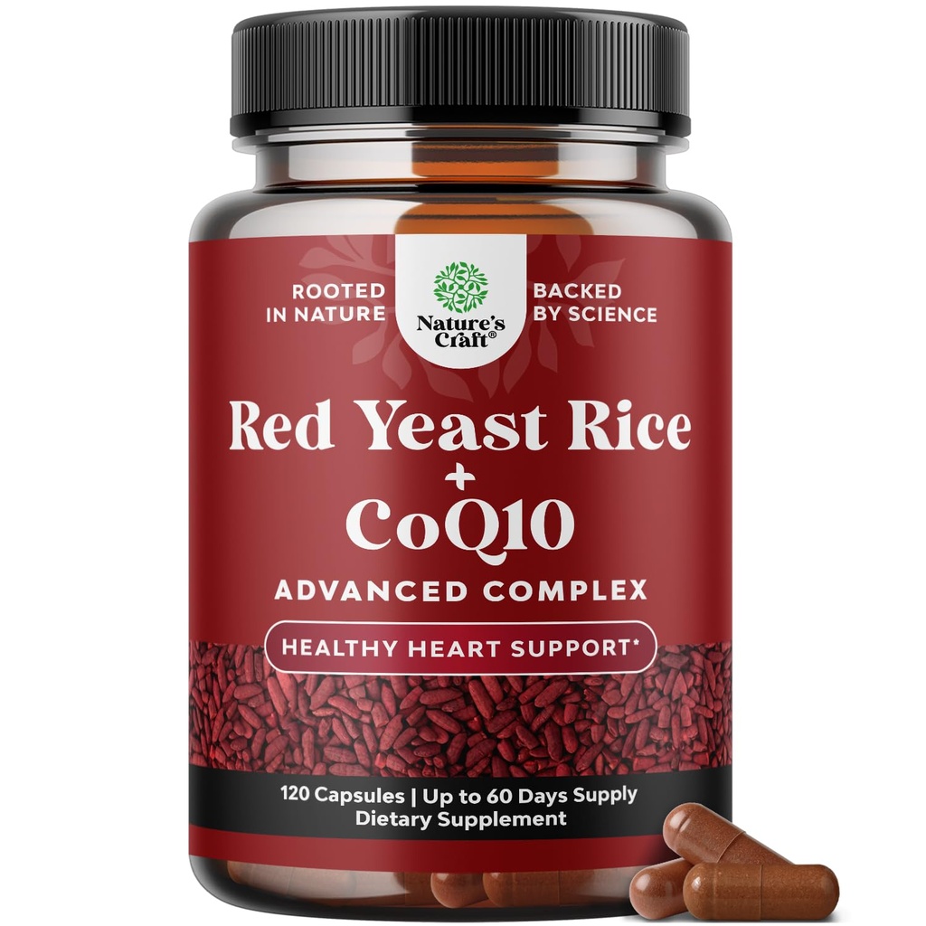 CoQ10 Supplement ile Red Yeast Rice - Gelişmiş Sağlıklı Kalp ve Sağlıklı Kolesterol Seviyeleri Erkekler ve Kadınlar için Formula - Red Yeast Rice 1200 mg Capsules with CoQ10-120 Count