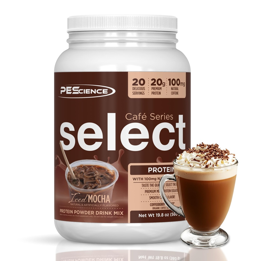 PE Science Select Cafe protein Coffee Flavored Toz, Iced Mocha, 100 mg Caffeine, 20g Buzlu Protein Kahve Tozu veya Kremer, 20 Hizmetler