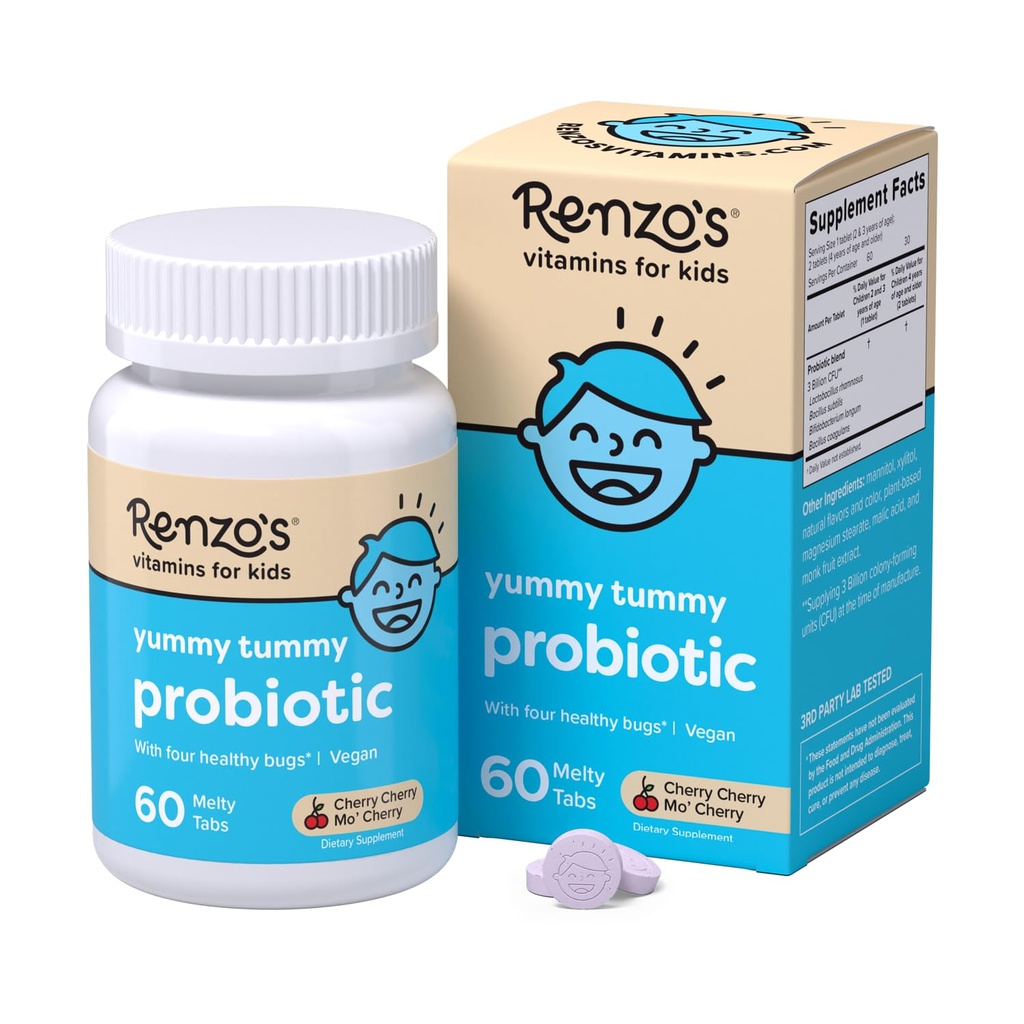 Renzo'nun Çocuk Probiyotikleri, Digestive Health & Immune Support, 60 Cherry-Flavored Melty Tabs