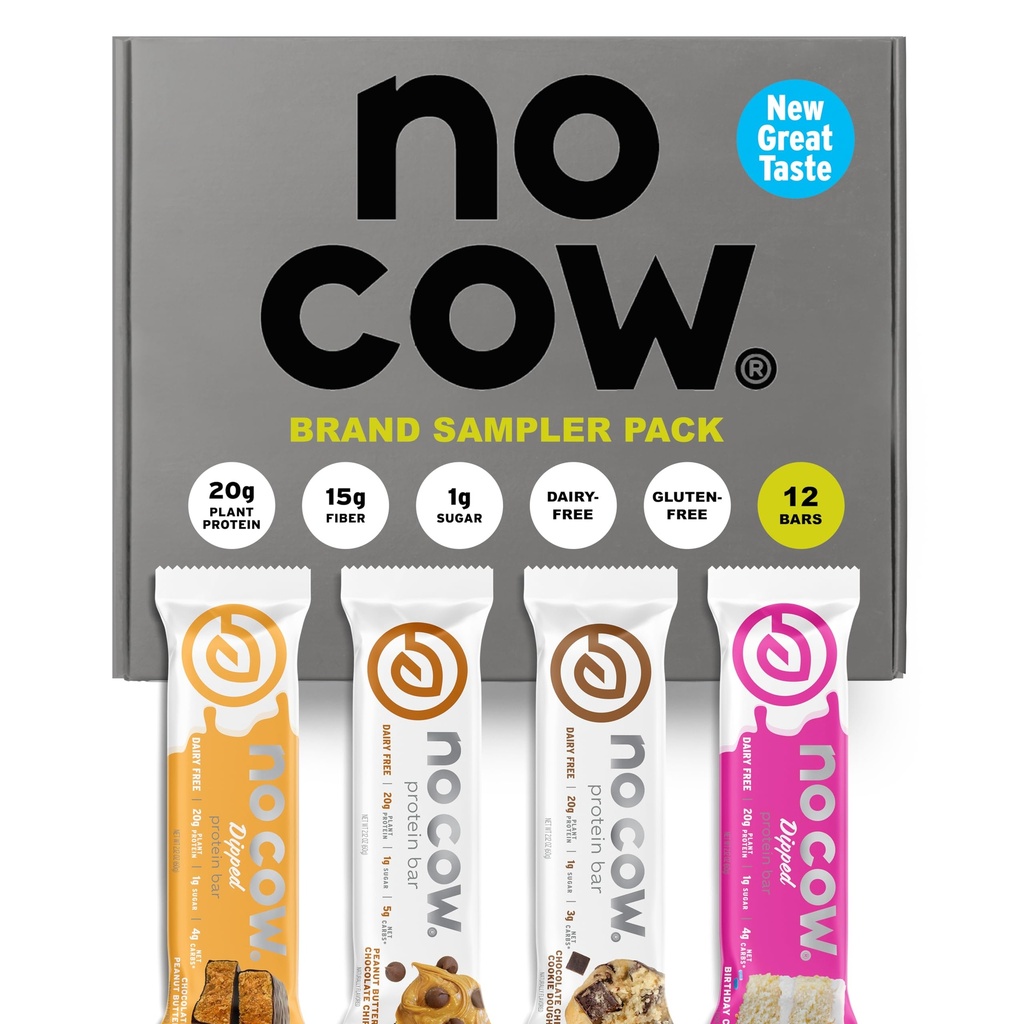 No Cow Vegan protein Bars, Yükseltilmiş Marka Örnekr Paketi | 20g Plantive protein, Gluten Free, Dairy Free, Soy Free, Keto Friendly, Low Sugar, High Fiber Snack Bars | 12 Paket