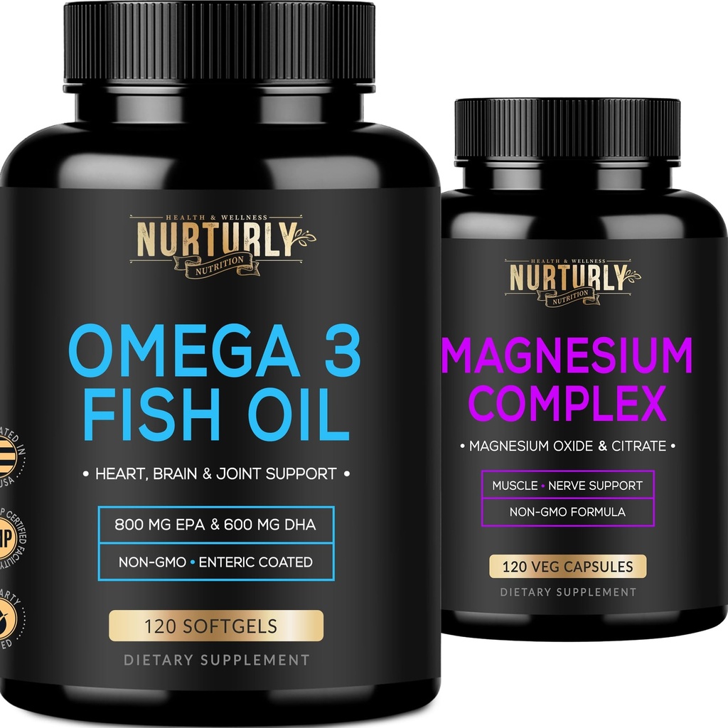 Magnezyum Kompleksi ve Omega 3 Fish Oil - Citrate 500MG - Fish Oil 2000mg, 800 mg EPA ve 600 mg DHA - Kas Rahatlama, Uyku ve Enerji, Bone Health, Brain, and Heart