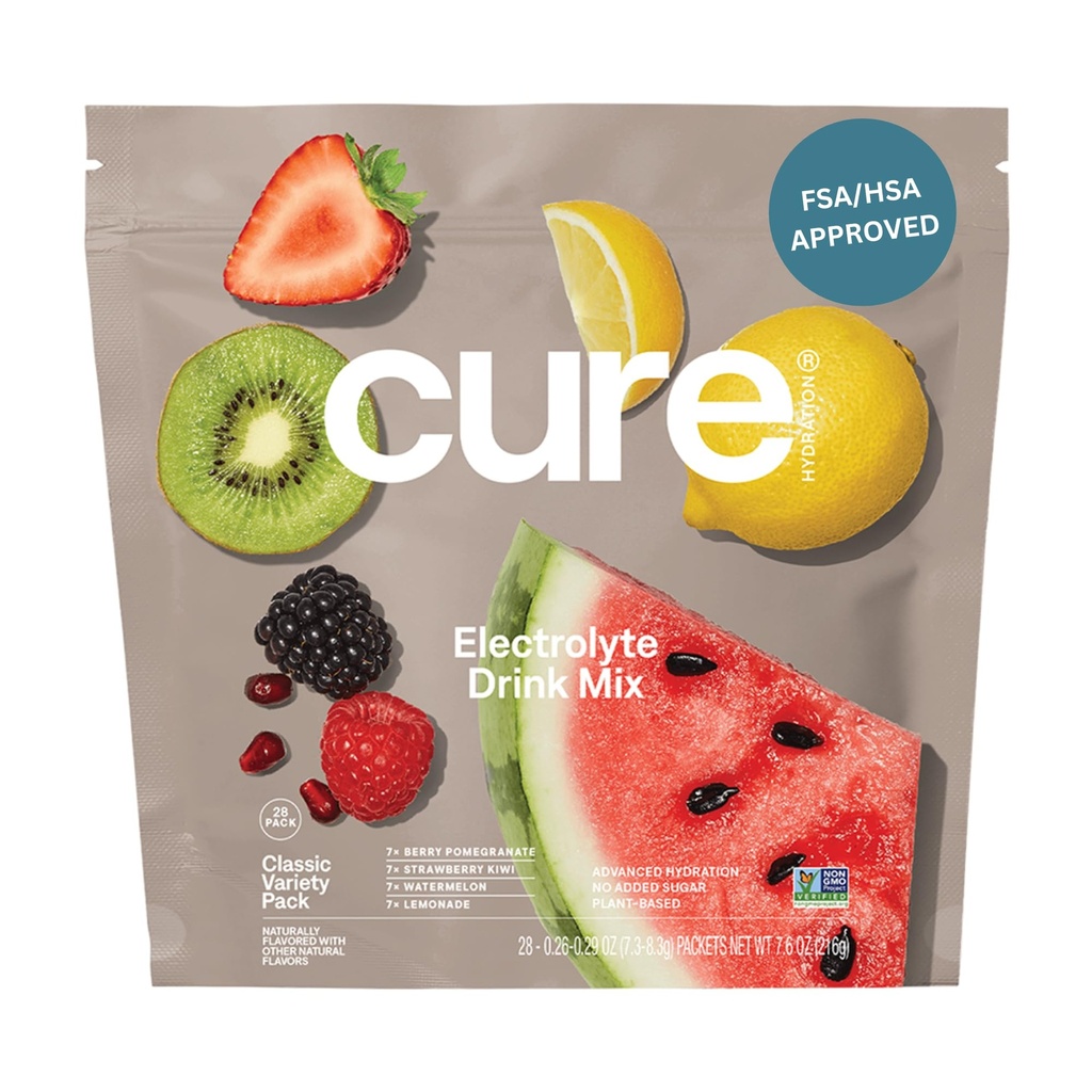Cure Hydration | Plant-Based Electrolyte Drink Mix | Nodrew Sugar | FSA-HSA | Dehidrasyon Yardımı Tuvalet Su ile Yapıldı | Non-GMO | Vegan | 28 Paket - Çeşitli Paket