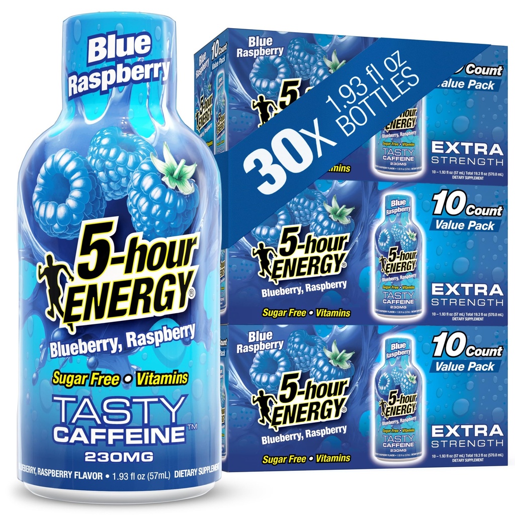 5- Saat ENERJİ Shots Ekstra Kuvvet, Blue Raspberry Flavor, 30 Kont, 1.93 Fl Oz, Sugar Free, Zero Calories, Amino Acids and Essential B Vitamins, Diyetary Supplement, Feel Alert and Energized, 230 mg Caffeine