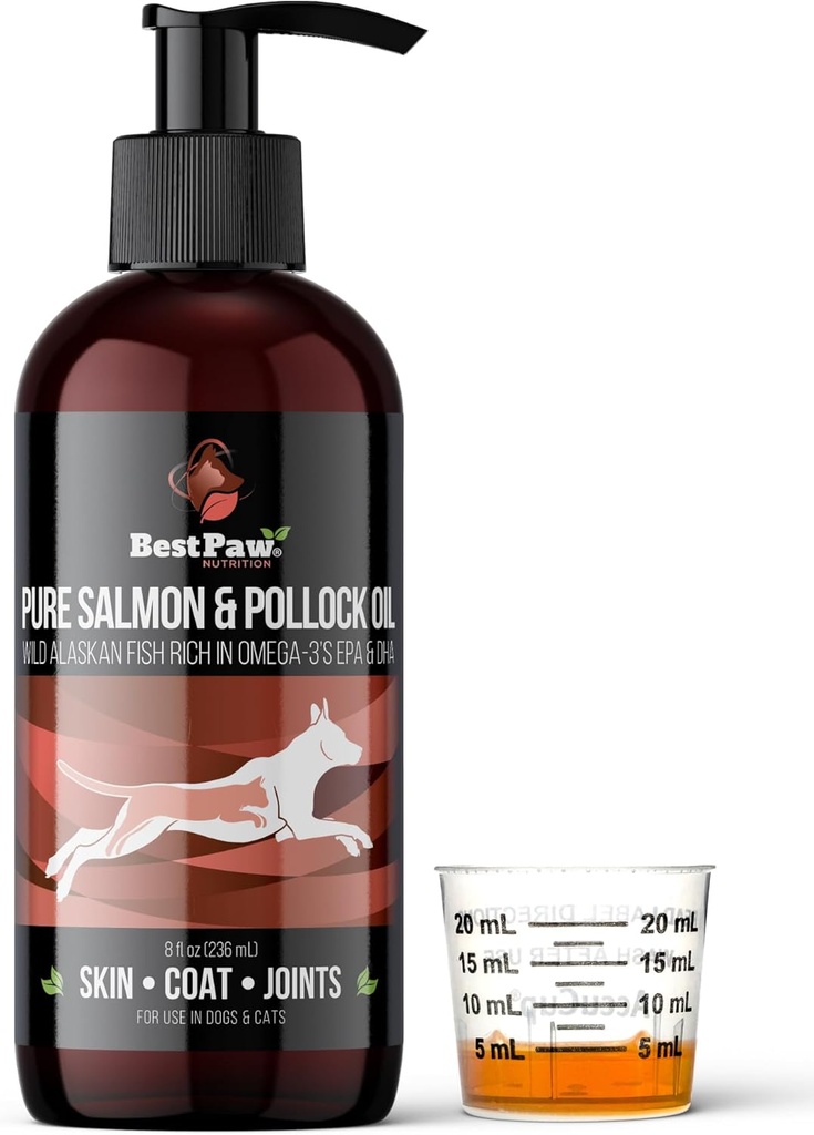 Pure Wild Alaskan Salmon & Pollock Oil for Dogs & Cats Skin and Coat - Fish Oil Liquid with Pump - Supports Joint Function & Heart Health - Omega 3 Liquid Food Supplement - All Natural EPA + DHA - 8oz