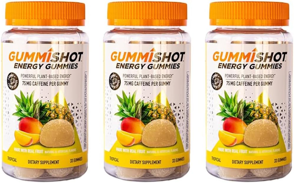 GummiShot Energy Gummies, 2475 mg of Plant-Based Caffeine Chews per Şişe, Long Lasting Energy Alerts, Tropikal 33 Kont (Paket 3)