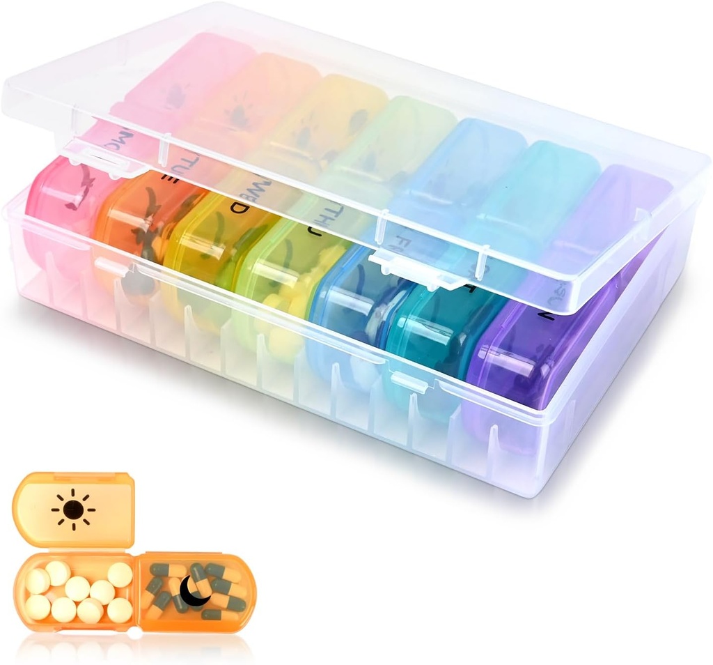 2- Bir Gün Pill Organizer - Büyük 7 Günlük Pill Vakası - Gıda Sınıfı Malzeme - Yüksek Cilt, Hareketli, Seyahat Dostu Tasarım - Tamamlayıcı için Mükemmel Pilleç