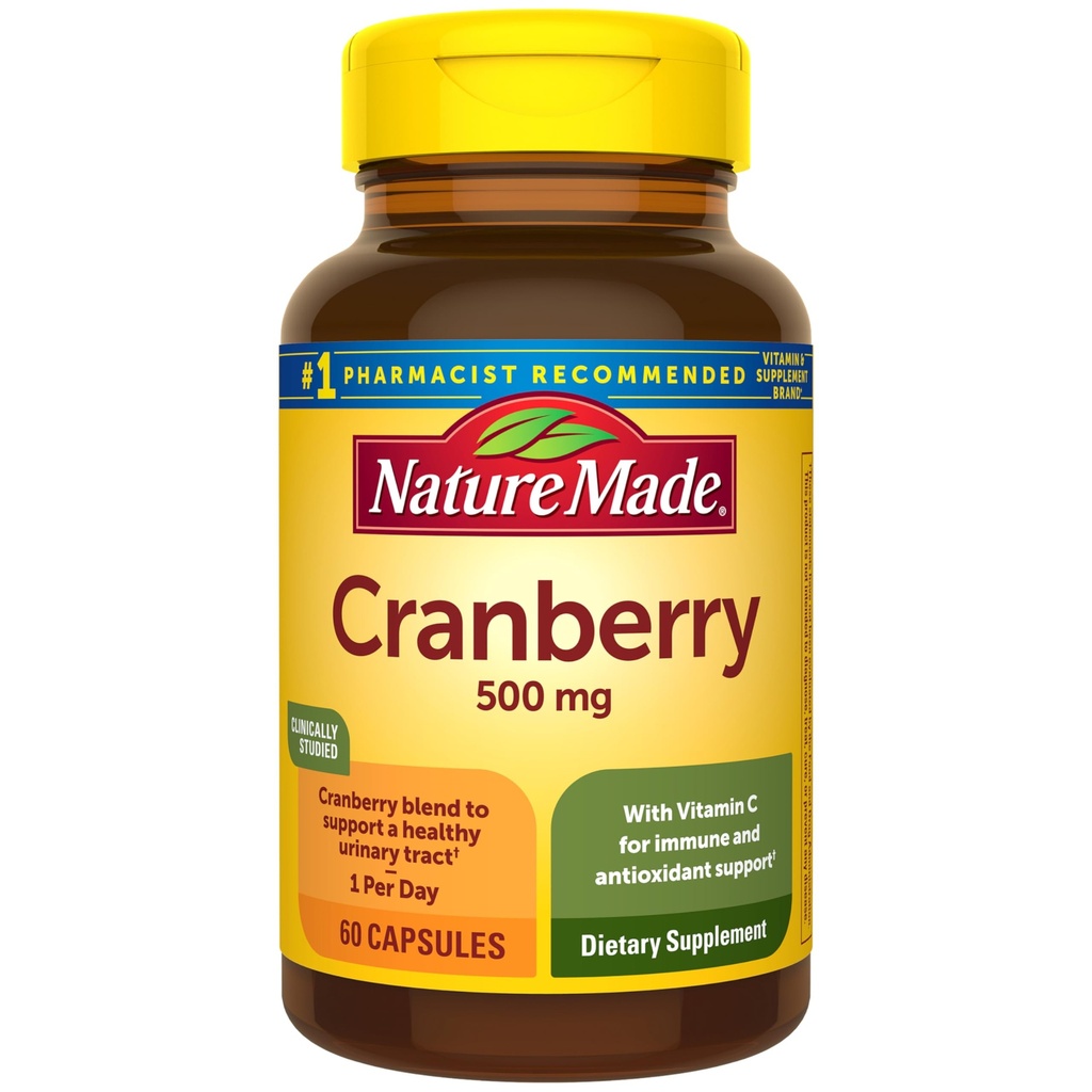 Nature Made Cranberry Supplement 500 mg with Vitamin C for Immune & Antioksi Support, Cranberry Assembly for Urinary Tract Health, One Per Day, 60 Capsules