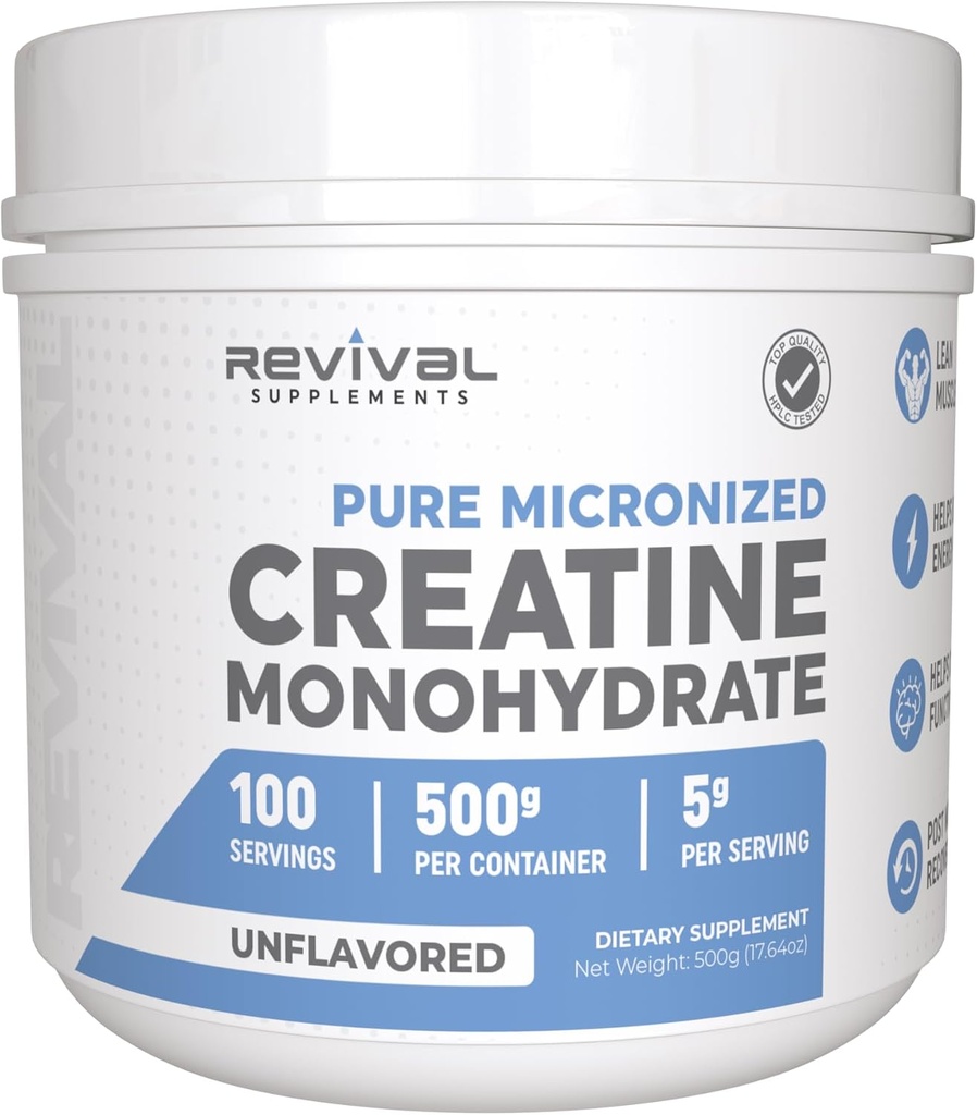 Revival Premium Mikronized Tinatine Monohidrat - HPLC %100 Pure Grade - 500g (100 hizmet) - Destekler Lean Kas Büyüme - En Azorpsiyon - ABD ve 3. Parti Lab Test Edildi