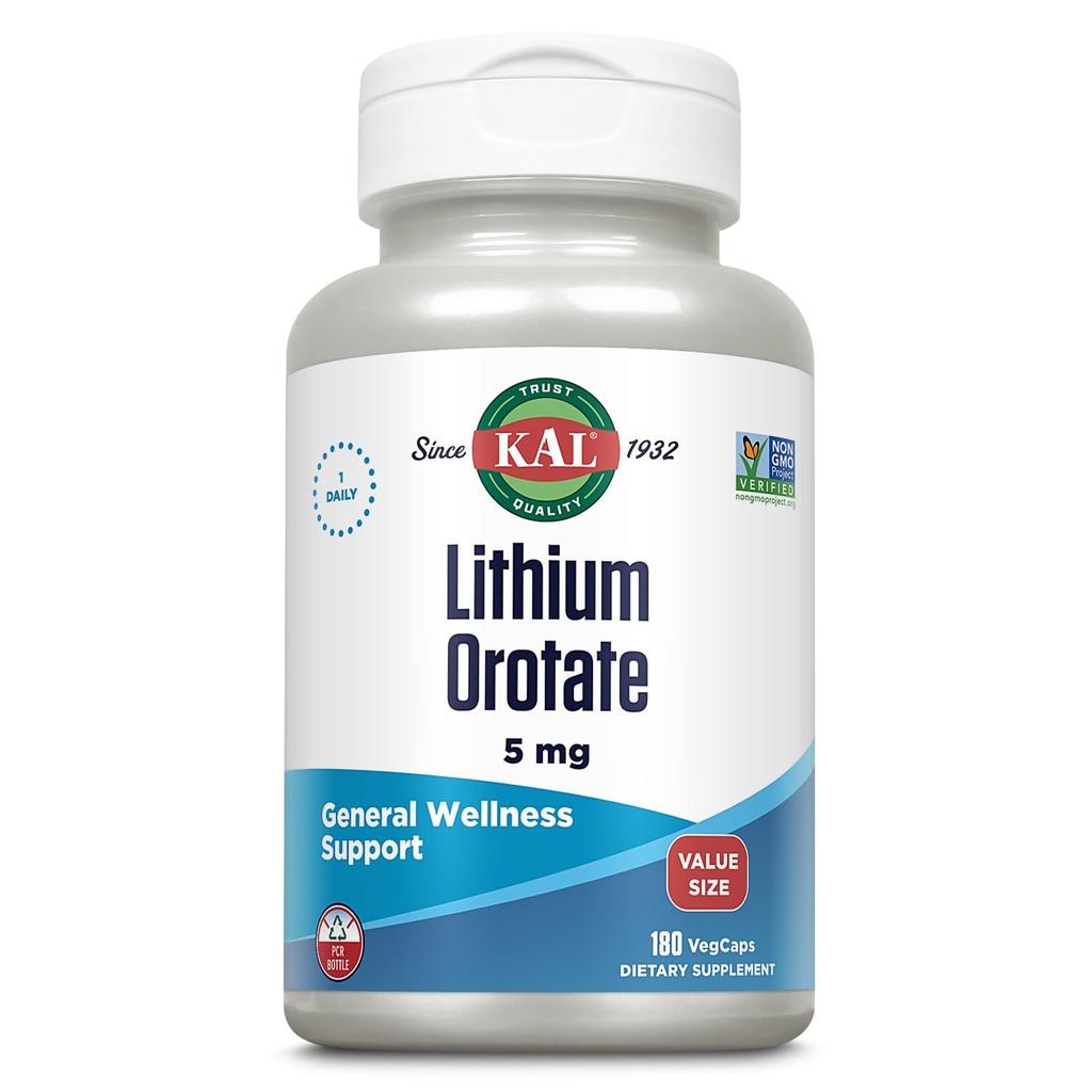 KAL Lityum Orotate 5 mg, Low Dose Lityum Supplement for General Wellness Mood Support, Highly Bio available, Vegan, 60-Day Garanti, 180 Hizmet, 180 VegCaps