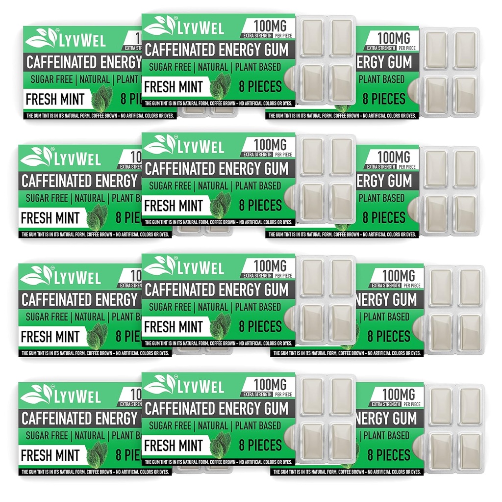LyvWel Energy Gum | 100 mg Caffeine per gem | All Natural | Sugar-Free Pre-Workout Boost: Your Essential Energy Supplement to Stay Awake- Mirror 12 paketi (Mint- 12 paket)