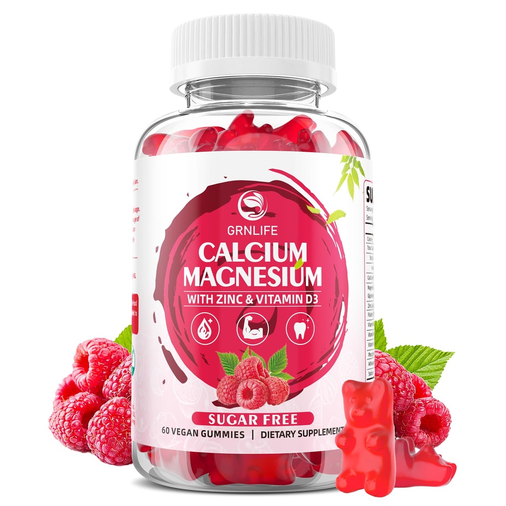 Calcium Magnesium Zinc Gummies with Vitamin D3, Sugar Free Calcium Gummies for Women Men, Raspberry Flavor - 60 Count