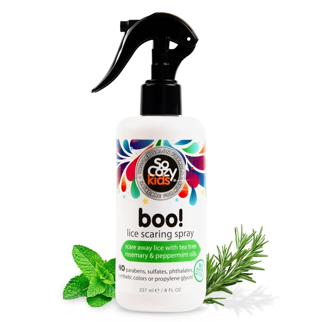 SoCozy Boo Lice Scaring Spray For Kids Hair, Effective Lice Treatment (8 Fl Oz) Clinically Proven to Repel Lice, Conditioning Spray with Tea Tree Oil, Rosemary Oil & Keratin, Paraben & Sulfate Free