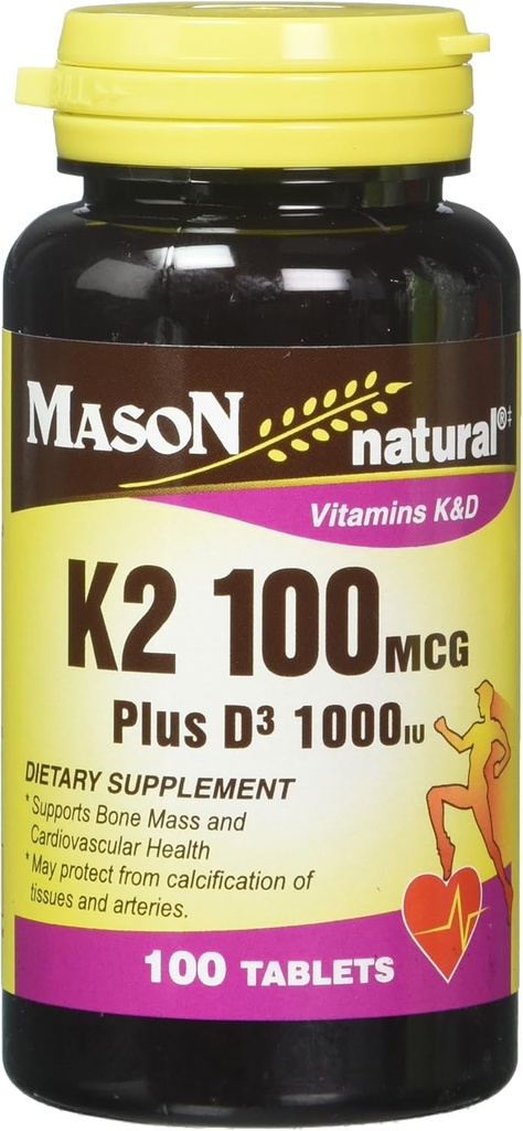 Mason Natural Vitamin K2 100 mcg Plus D3 1000 İ Tabletleri 3 Toplam 300 Tablet Şişe Paketi başına 100 Kont