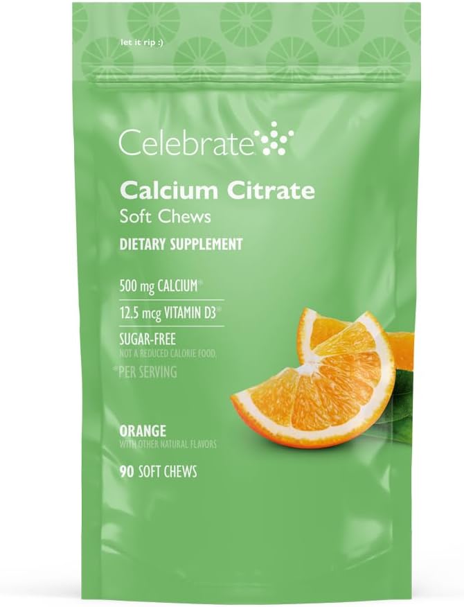 Vitamin Bariatric 500 mguba Citrate Soft Chews with 500 IU Vitamin D3 – Gastrik Bypass Hastaları ve Bone Health - Sugar & Gluten Free, Orange (90 Chews)