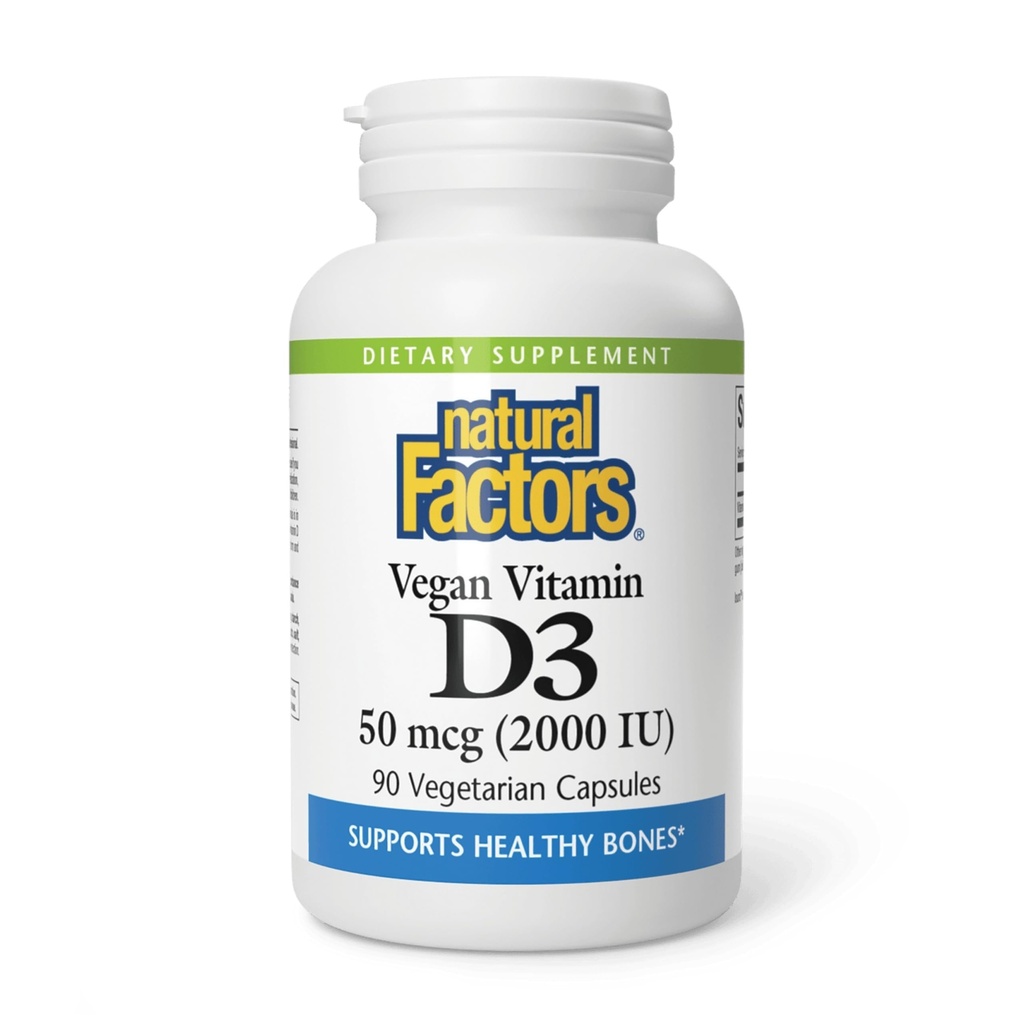 Doğal Faktörler Vegan D3 2000 IU - Bone & Immune Health - Plant-Based Cholecalciferol - Vegetarian Capsules - 90 Capsules (90 Hizmet)