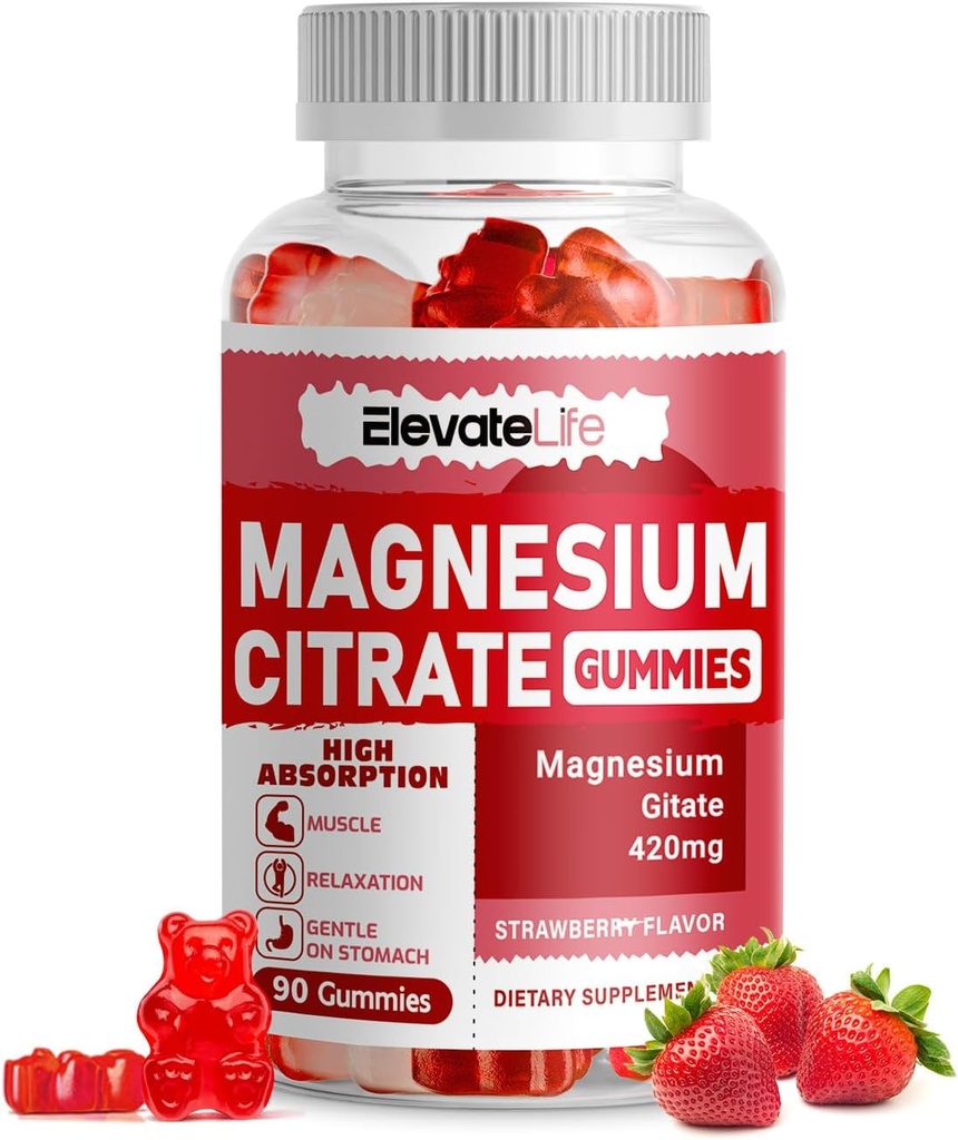 Magnesium Citrate Gummies 420mg per Serving - 90 Vegan Gummies - Promotes Healthy Relaxation, Muscle, Bone, & Energy Support (90 Strawberry Gummies)