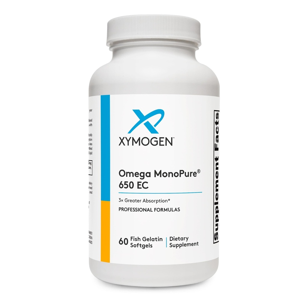 XYMOGEN Omega MonoPure 650 EC - Omega-3 Fish Oil Supplements for Women & Men - EPA, DHA & DPA - Smaller Softgels with 3X Greater Abpole - Support a natural heart & Cognition (60 Softgels)