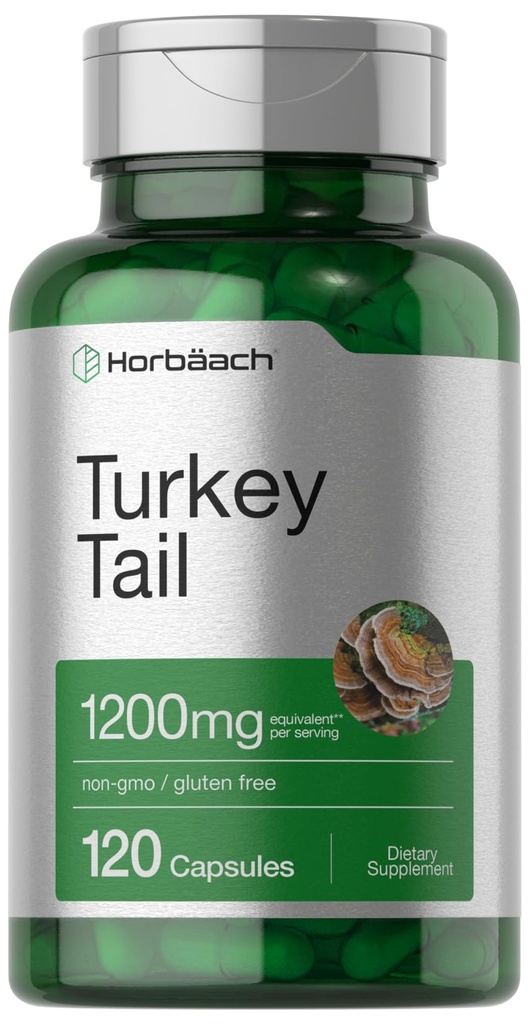 Horbäach Türkiye Tail Mushroom Capsules | 1200 mg | 120 Kont | Non-GMO ve Gluten Free Extract