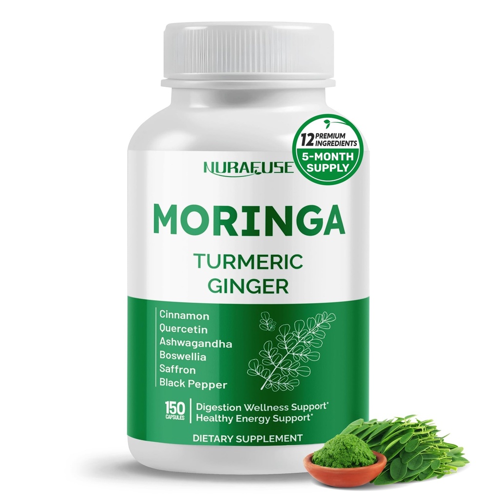 Moringa 12in-1 Supplement with Turmeric Cinnamon Quercetin Ashwagandha Ginger Boswellia Nettle Saffron Tart Cherry Cherry - Made in the USA