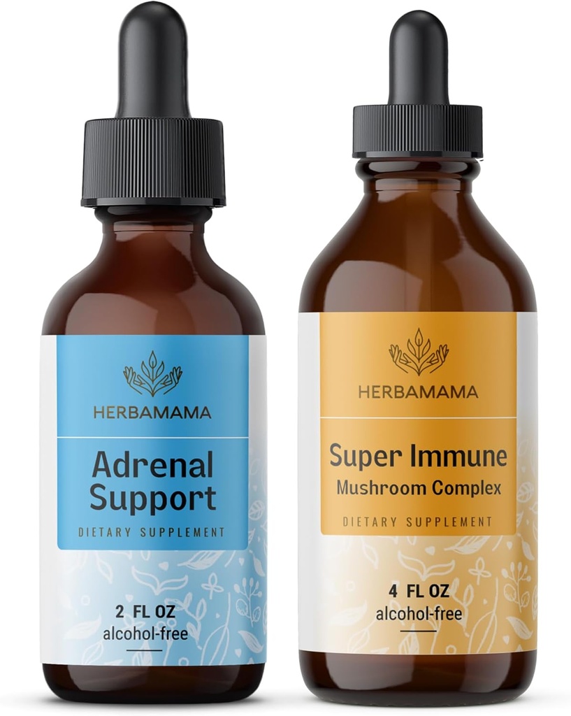 HERBAMAMA Adrenal Destek ve Super Immune Mushrom Blend Kit - Sıvı Adrenal Destek Kompleks 2 fl oz & Super Immune Mushroom Drops 4 fl oz - Vegan, Non-GMO, Sugar & Alkol-Free - 2 Pack