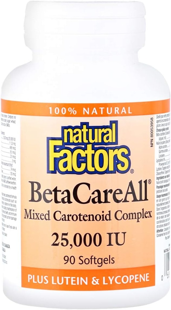 Doğal Faktörler, BetaCareAll 25, IU, Vitamin A for Health Skin, Vision ve Immune Function, 90 Softgels