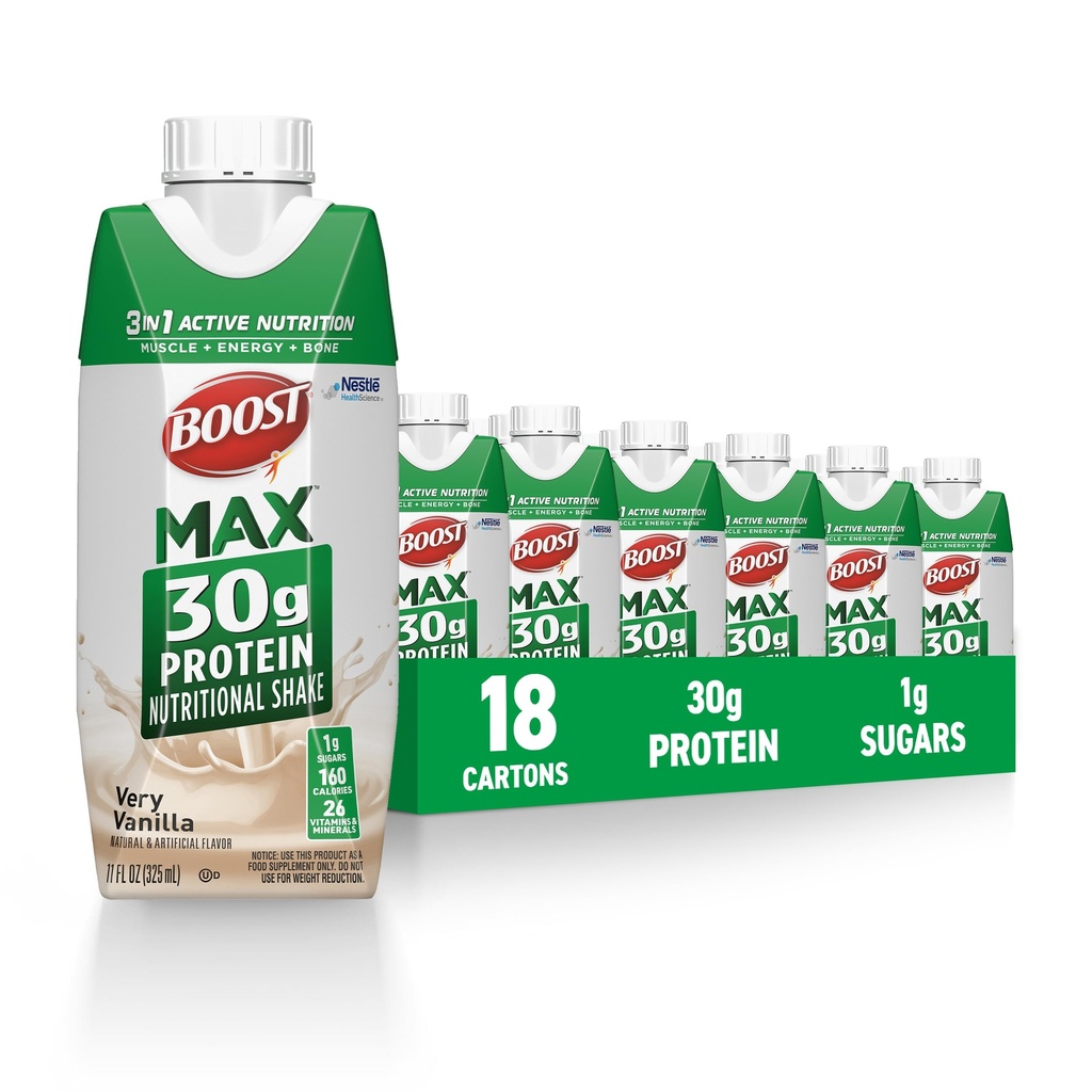 BOOST MAX Protein Shakes İçmeye Hazır - 30g Yüksek Protein Shake - Vanilla | Egzersizden Sonra Kas Kurtarmayı Desteklemek için Beslenme İçmeleri, 26 Vitamin & Minerals, 1g Sugar, 11 fl oz (Brook of 18)